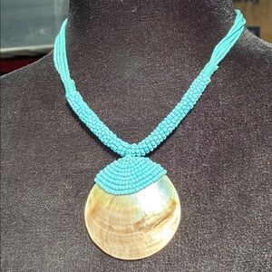 Blue Beaded Necklace with Shell Pendant